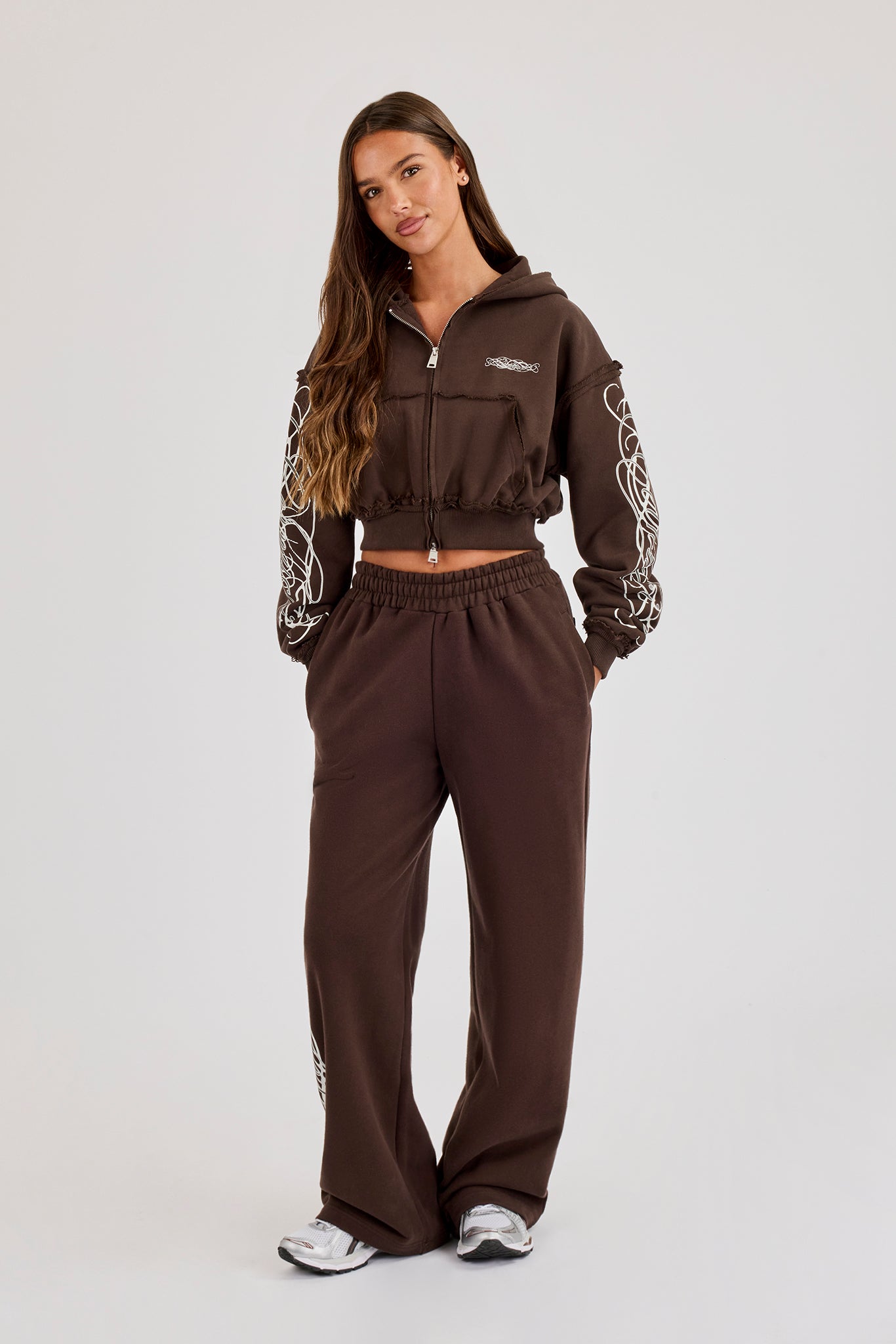 Cropped Distressed Print Zip Hoodie & Distressed Print Wide Leg Jogger – Chocolate