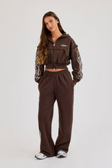 Cropped Distressed Print Zip Hoodie & Distressed Print Wide Leg Jogger – Chocolate