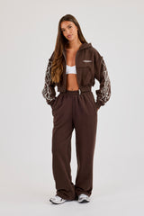 Cropped Distressed Print Zip Hoodie & Distressed Print Wide Leg Jogger – Chocolate