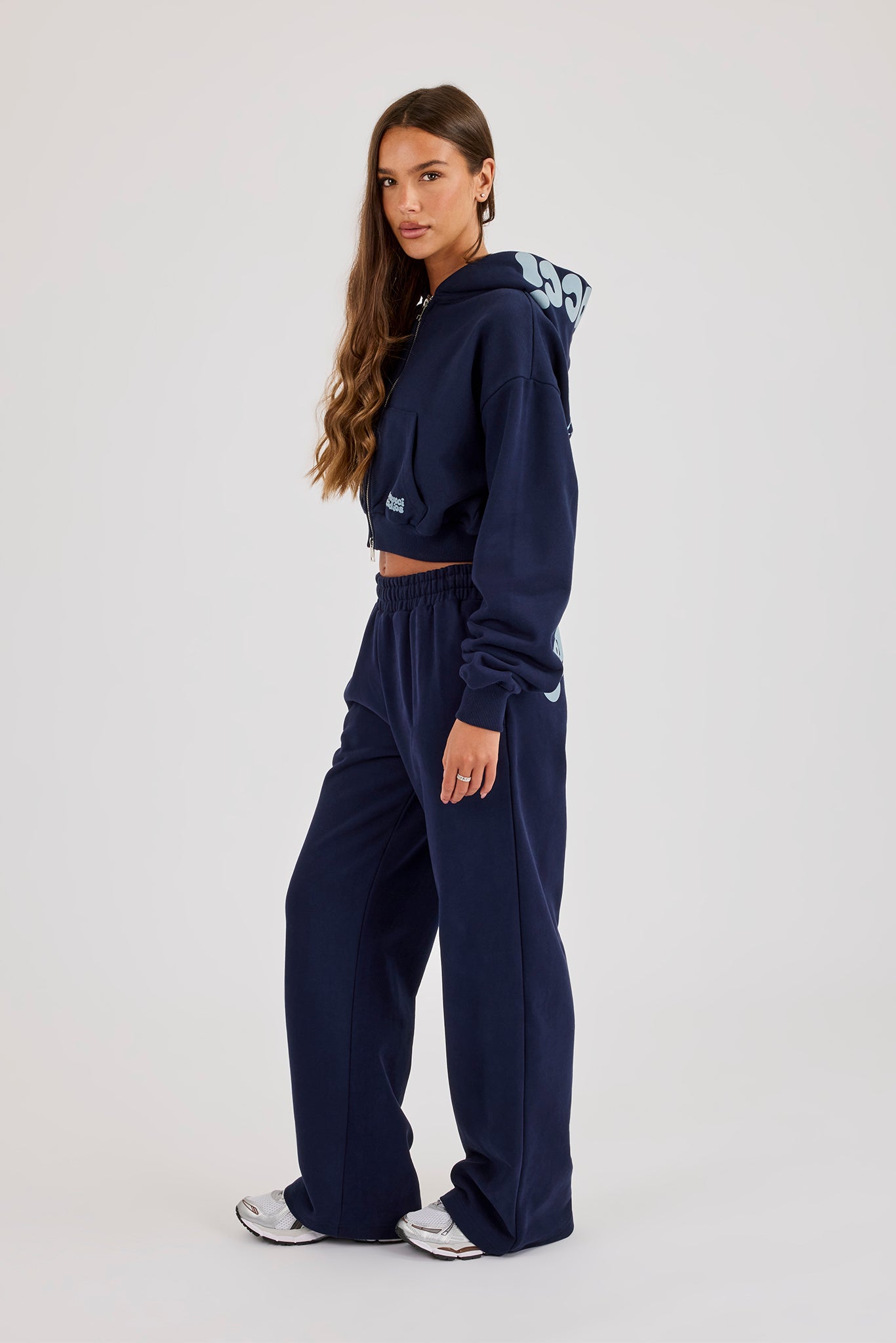 Star Puff Print Super Cropped Zip Hoodie & Wide Leg Jogger – Navy Blue