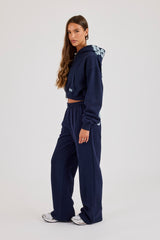 Star Puff Print Super Cropped Zip Hoodie & Wide Leg Jogger – Navy Blue