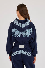 Star Puff Print Super Cropped Zip Hoodie & Wide Leg Jogger – Navy Blue