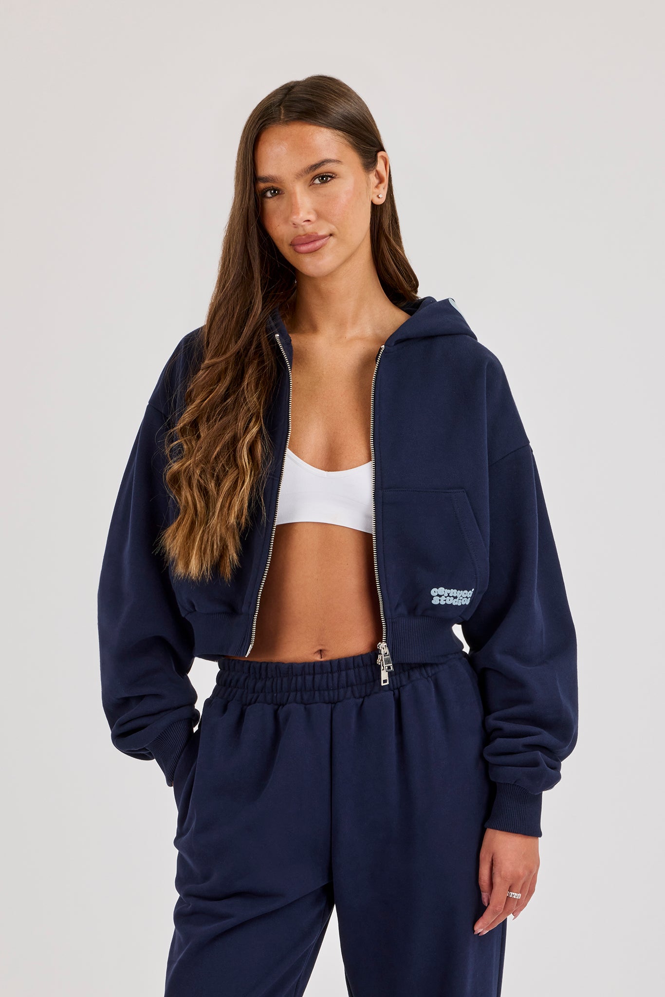 Star Puff Print Super Cropped Zip Hoodie - Navy Blue