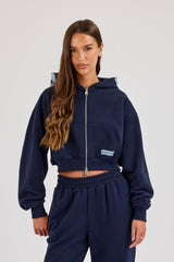 Star Puff Print Super Cropped Zip Hoodie - Navy Blue