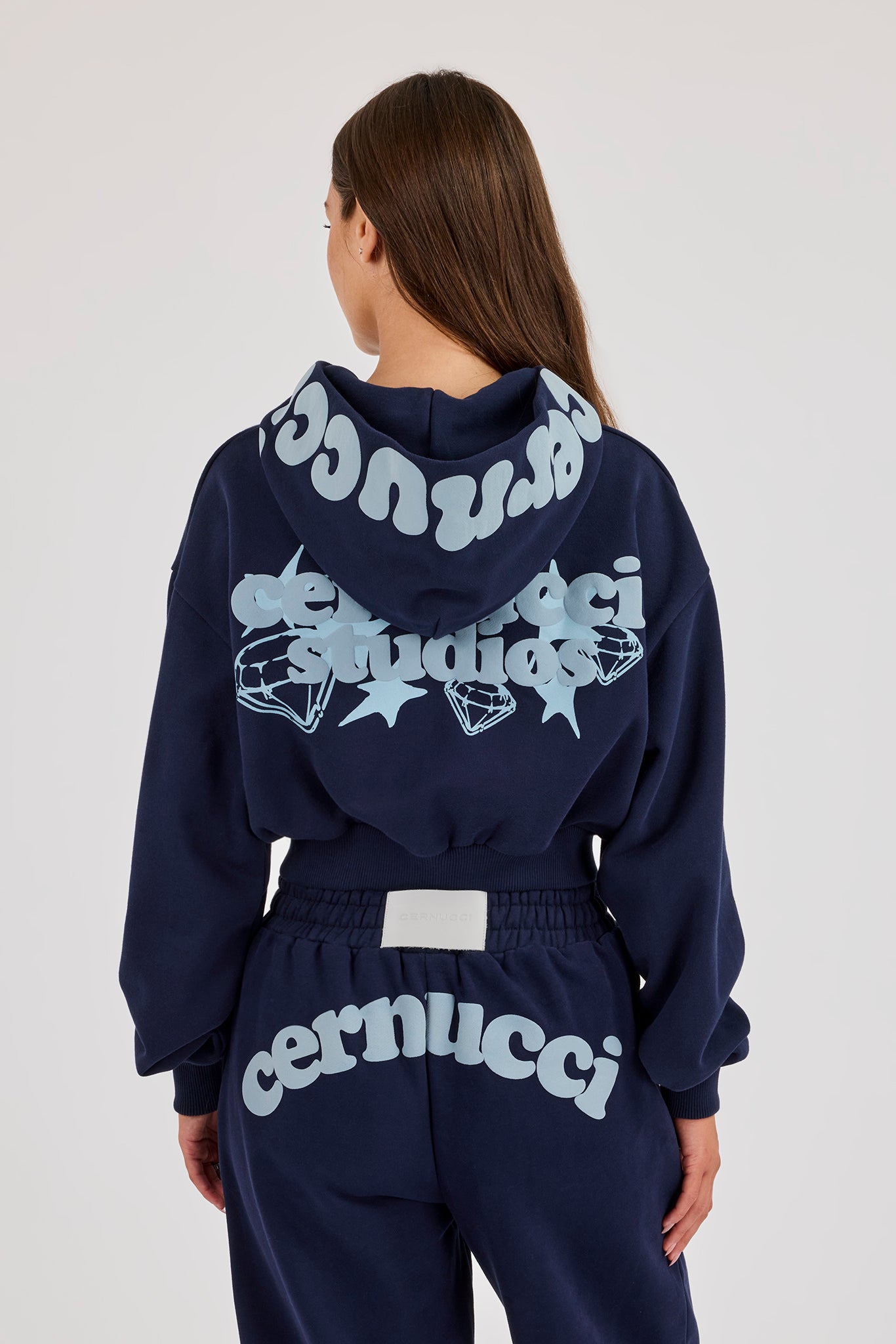 Star Puff Print Super Cropped Zip Hoodie - Navy Blue