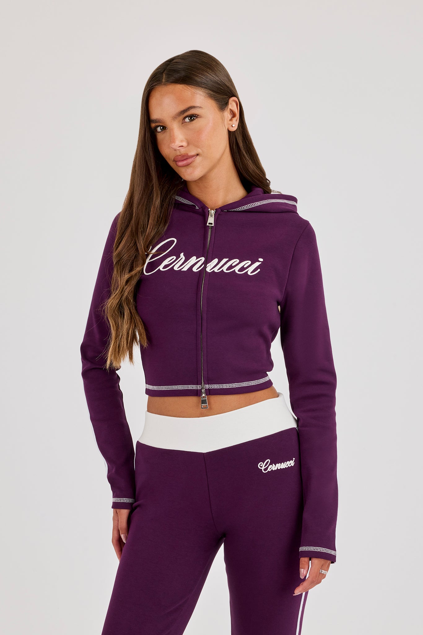 Embroidered Fitted Zip Hoodie & Fitted Flare – Cosmic Purple