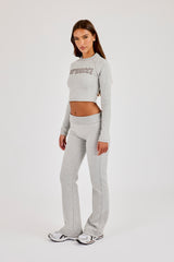 Raglan Applique Cropped Long Sleeve Top & Flared Bottom - Ash Grey