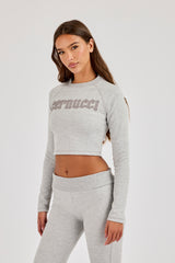 Raglan Applique Cropped Long Sleeve Top - Ash Grey