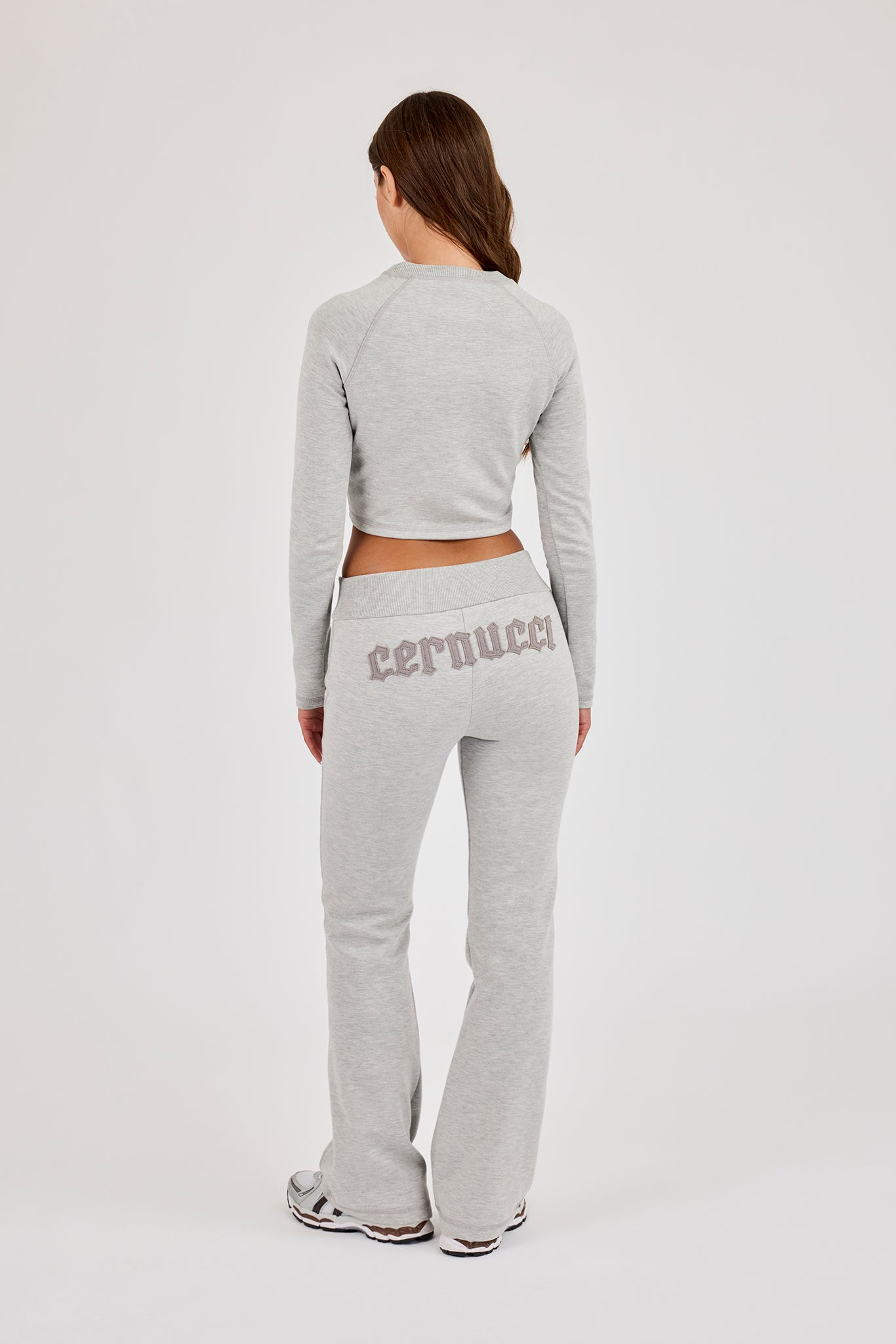 Raglan Applique Cropped Long Sleeve Top & Flared Bottom - Ash Grey