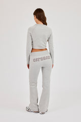 Raglan Applique Cropped Long Sleeve Top & Flared Bottom - Ash Grey