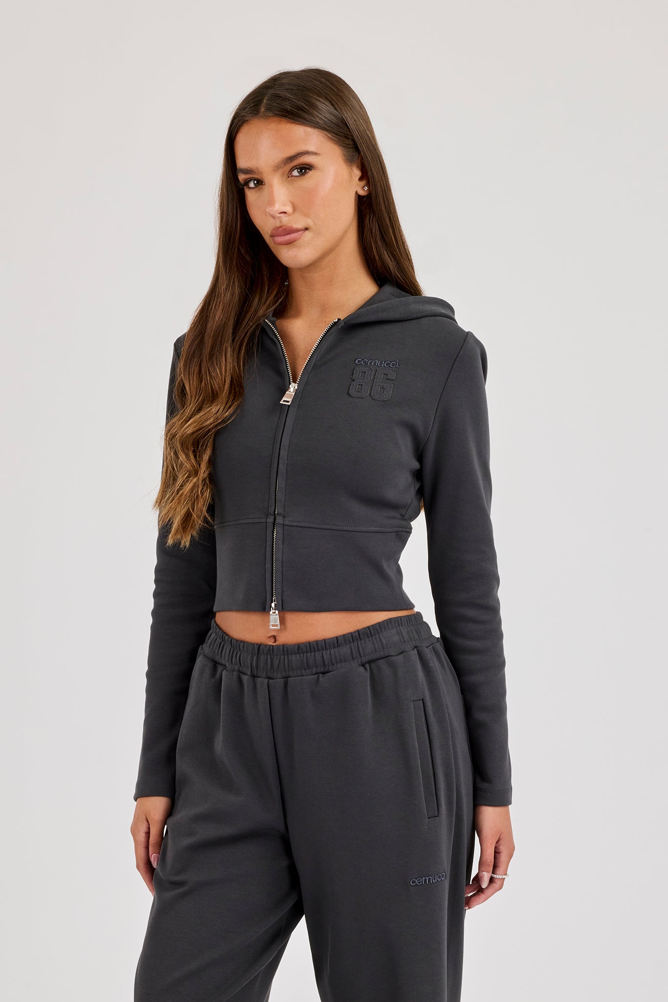 86 Applique Fitted Zip Hoodie - Charcoal