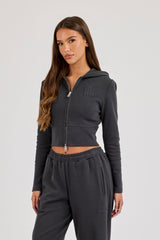 86 Applique Fitted Zip Hoodie - Charcoal