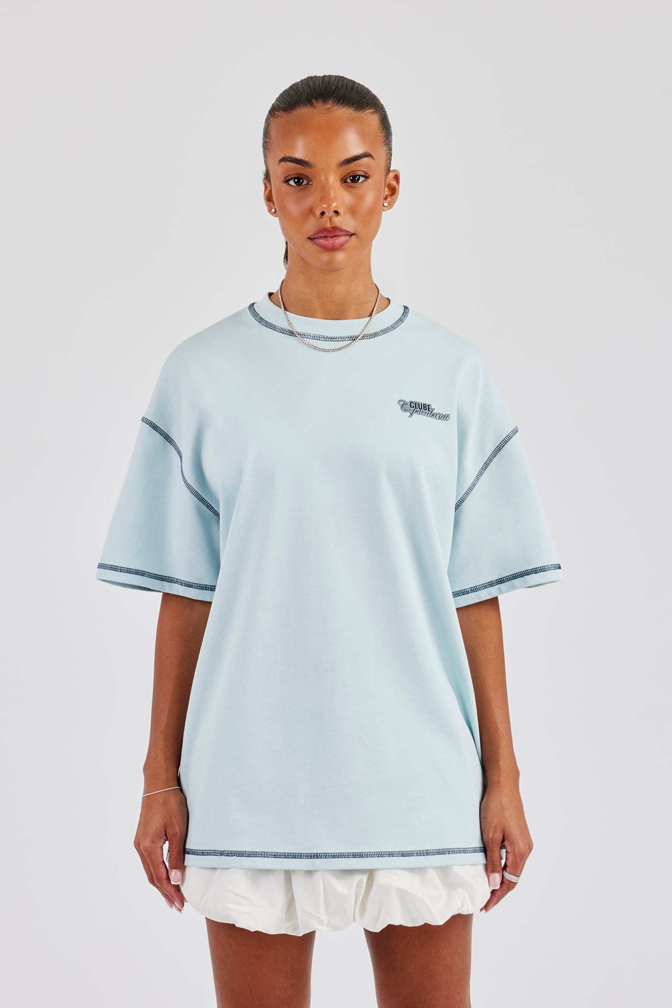 Copacabana Contrast Stitch Oversized T-Shirt - Baby Blue | Womens