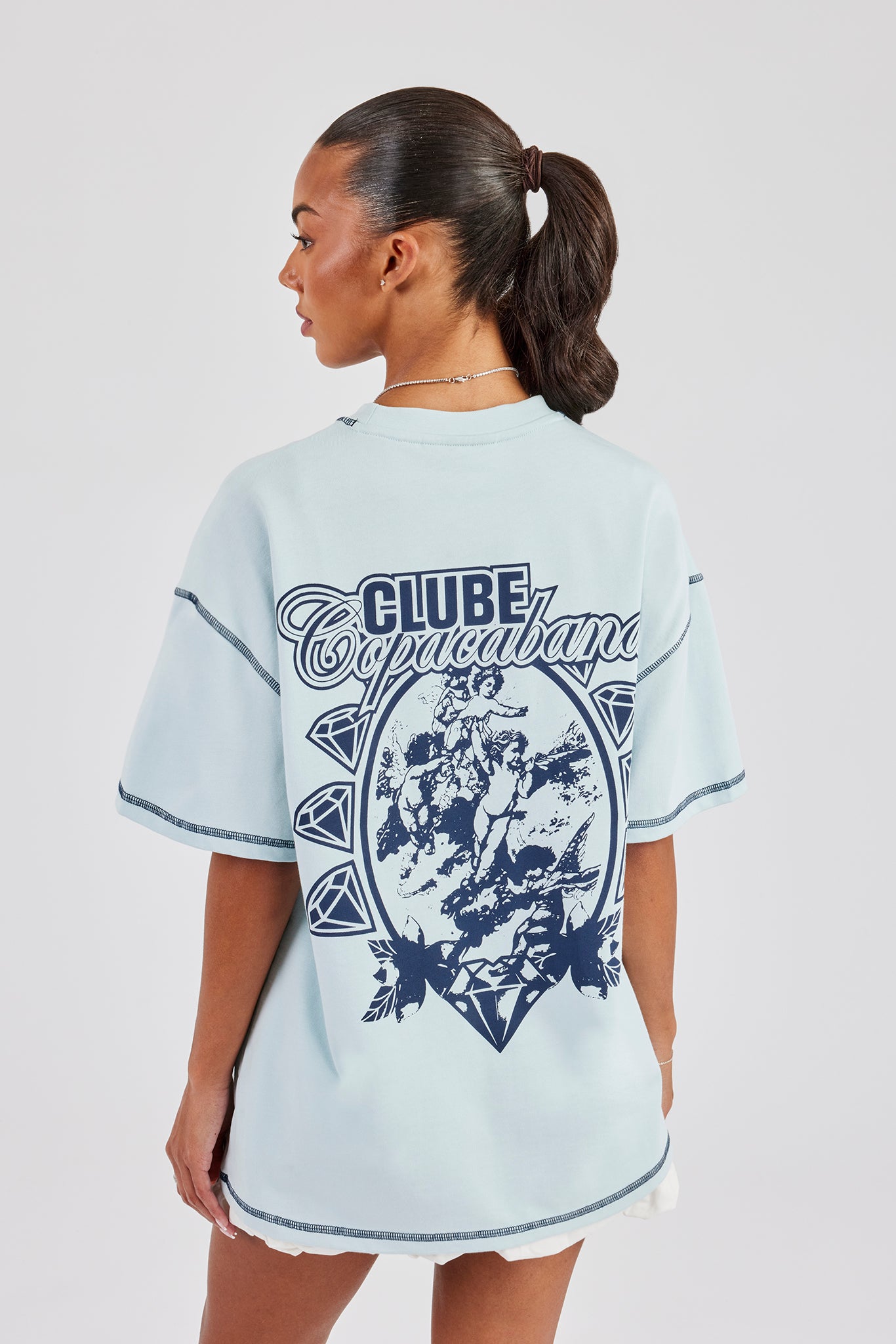 Copacabana Contrast Stitch Oversized T-Shirt - Baby Blue | Womens