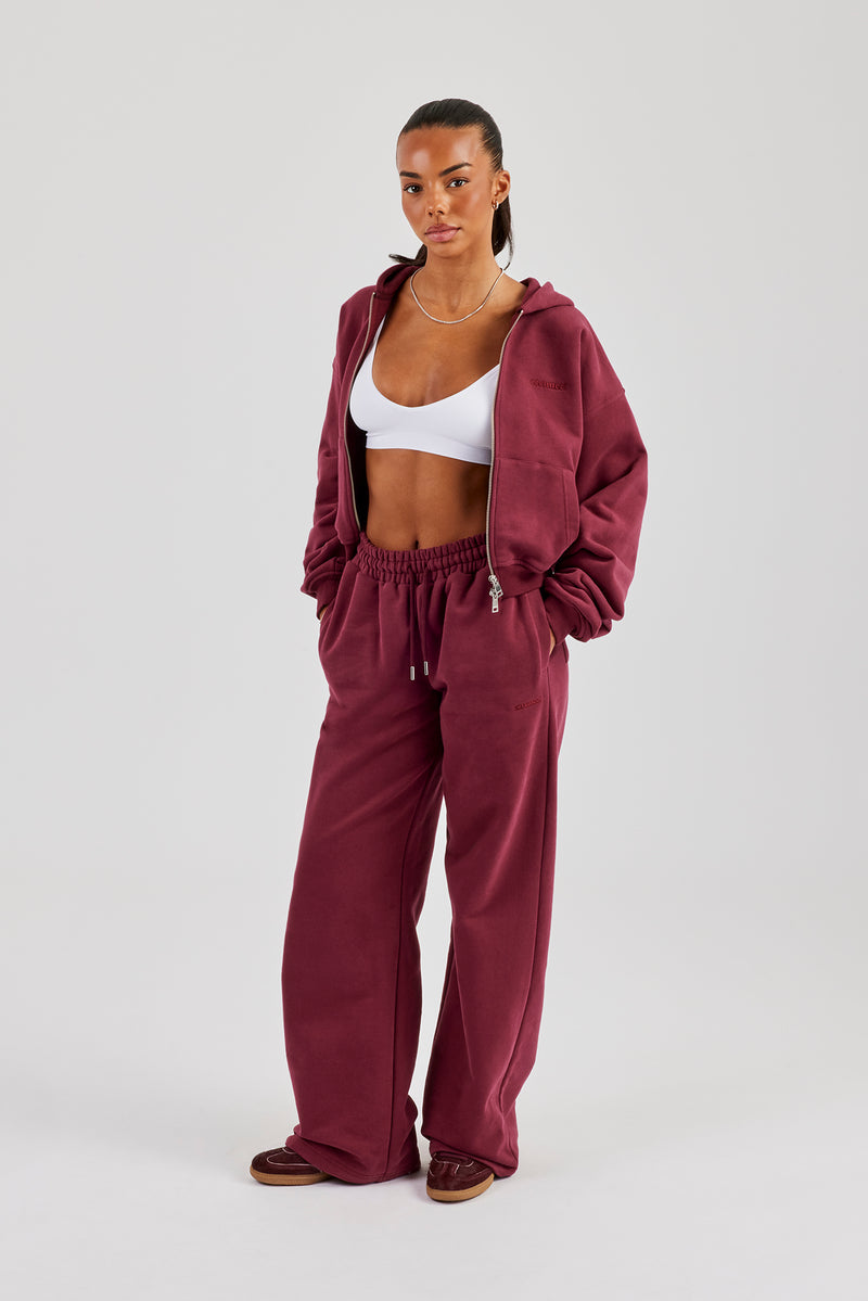 Cernucci Cropped Zip Through Hoodie & Wide Leg Jogger - Burgundy