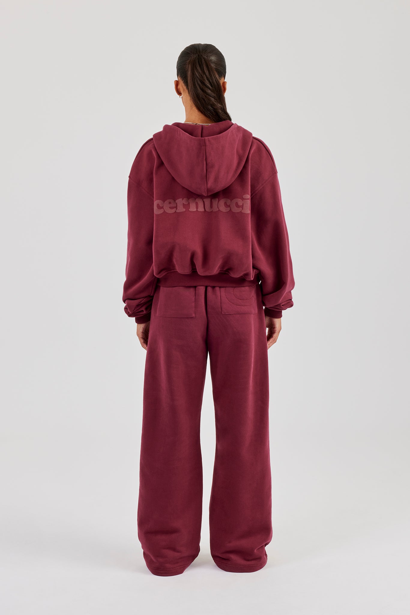 Cernucci Cropped Zip Through Hoodie & Wide Leg Jogger - Burgundy