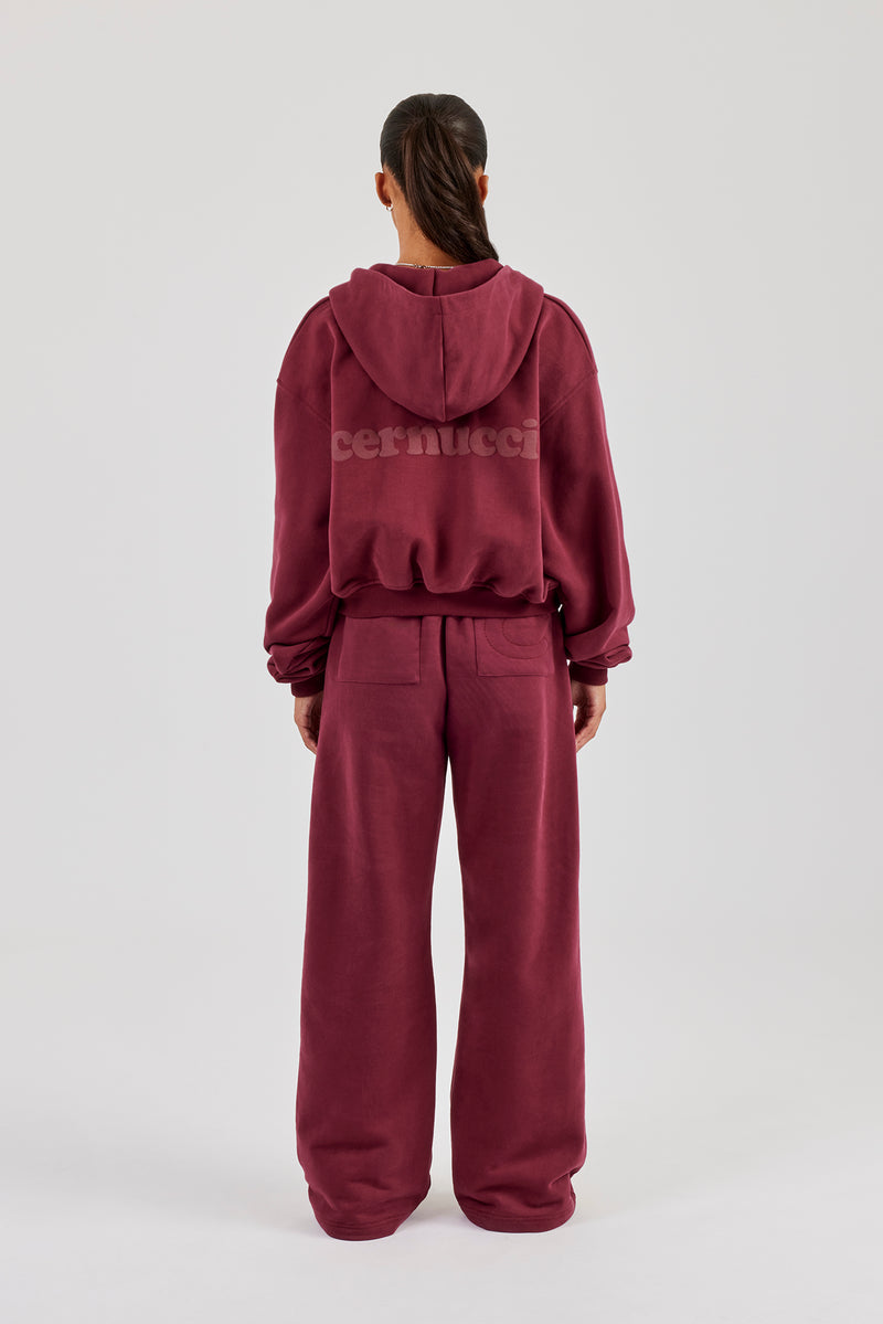 Cernucci Cropped Zip Through Hoodie & Wide Leg Jogger - Burgundy