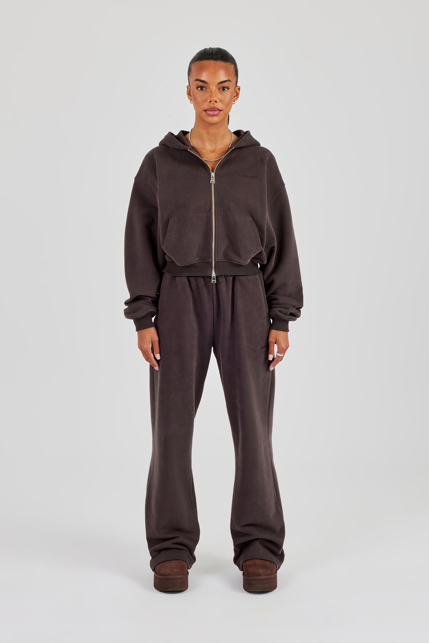 Cernucci Cropped Zip Through Hoodie & Wide Leg Jogger - Coffee