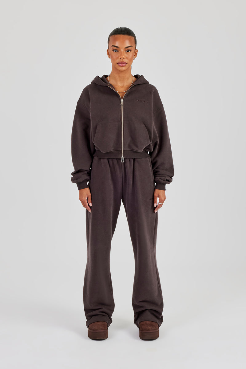 Cernucci Cropped Zip Through Hoodie & Wide Leg Jogger - Coffee