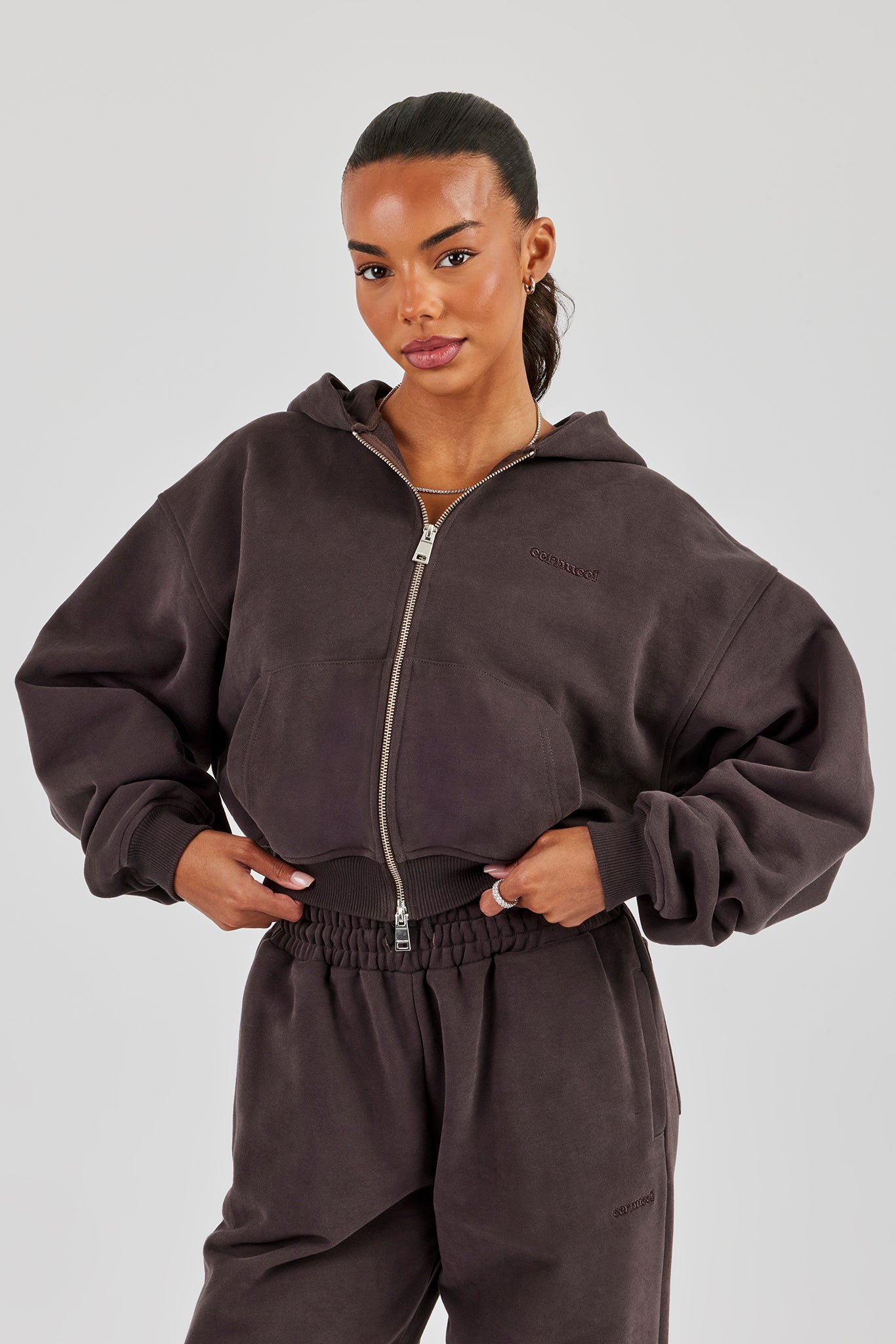 Cernucci Cropped Zip Through Hoodie & Wide Leg Jogger - Coffee