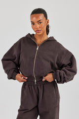 Cernucci Cropped Zip Through Hoodie & Wide Leg Jogger - Coffee