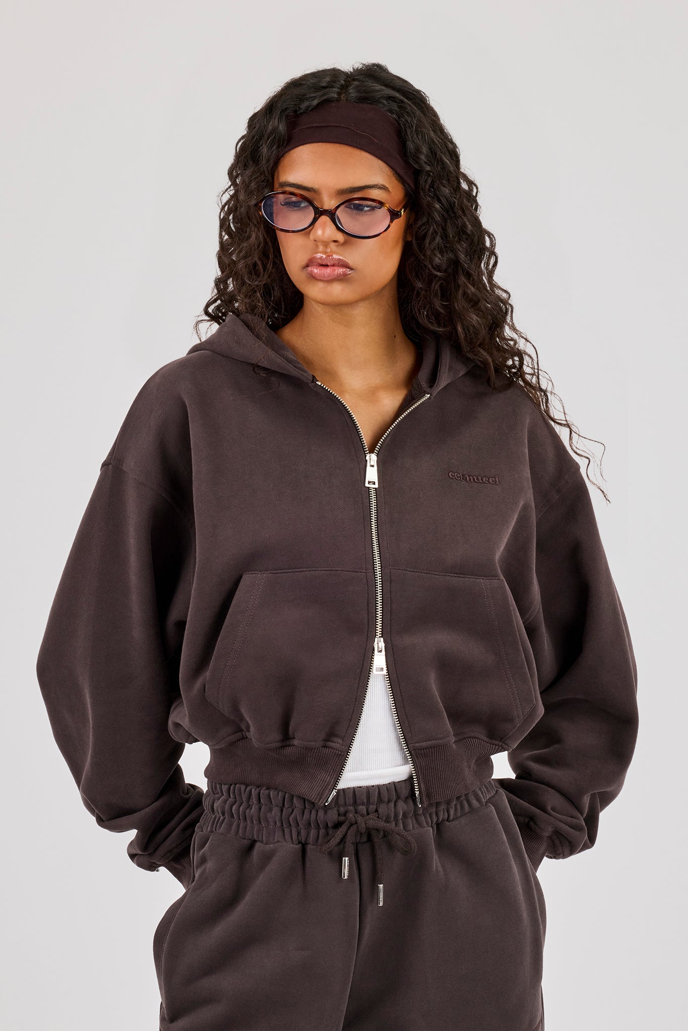 Cernucci Zip Through Cropped Hoodie - Coffee