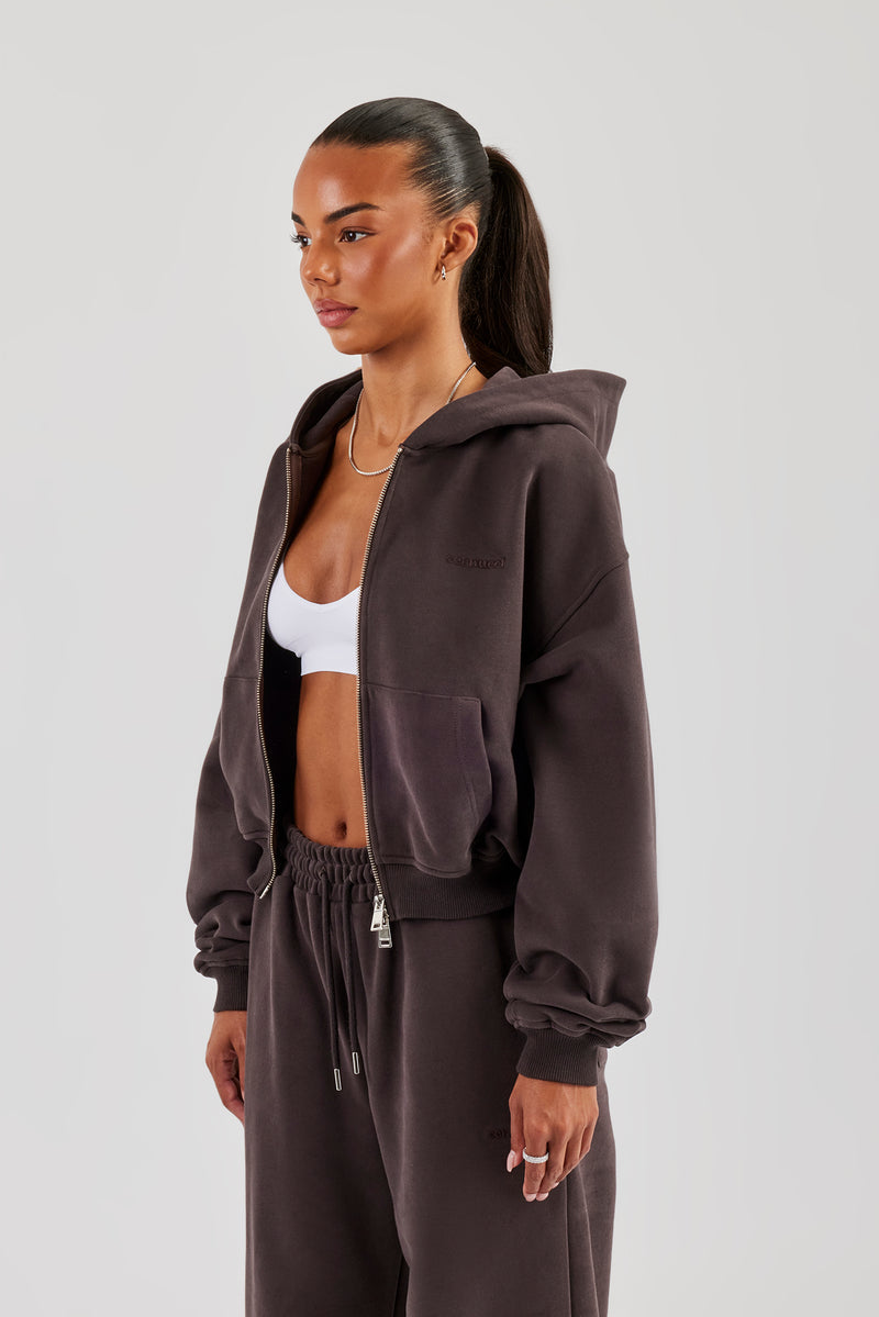 Cernucci Cropped Zip Through Hoodie - Coffee