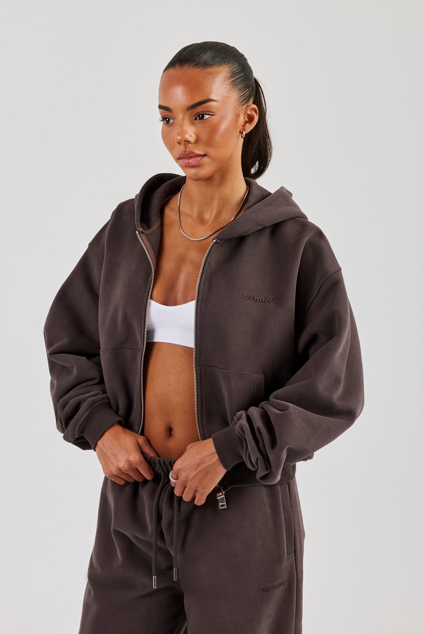Cernucci Zip Through Cropped Hoodie - Coffee