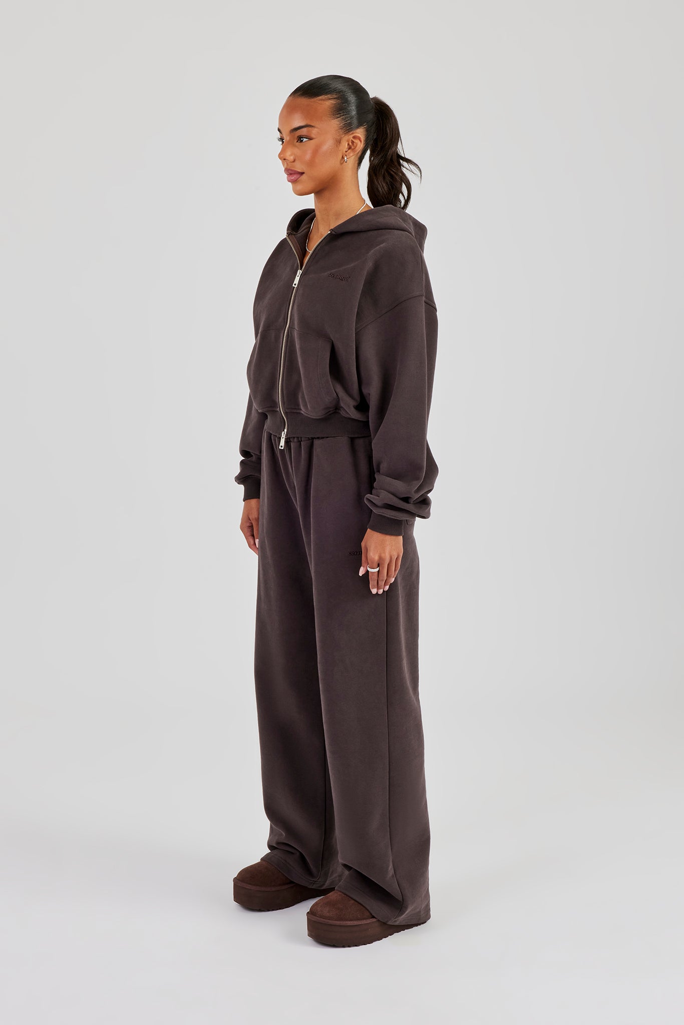 Cernucci Cropped Zip Through Hoodie & Wide Leg Jogger - Coffee