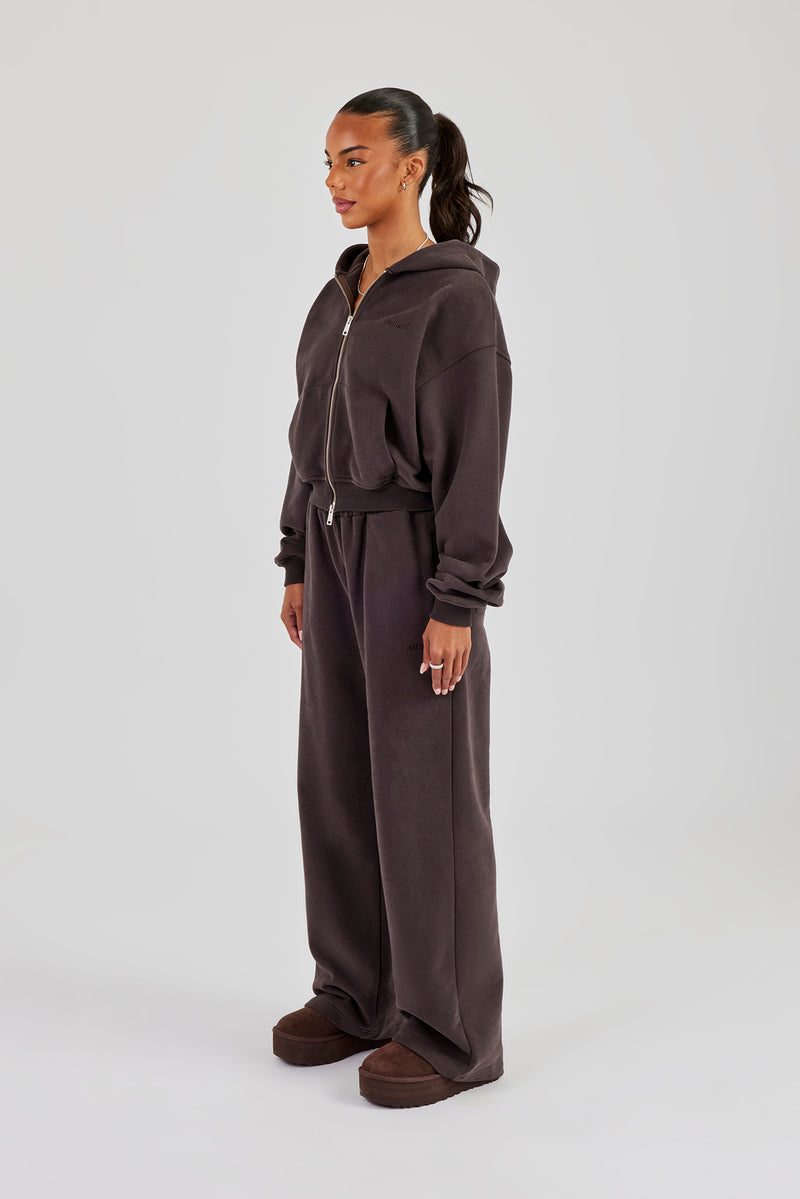 Cernucci Cropped Zip Through Hoodie & Wide Leg Jogger - Coffee