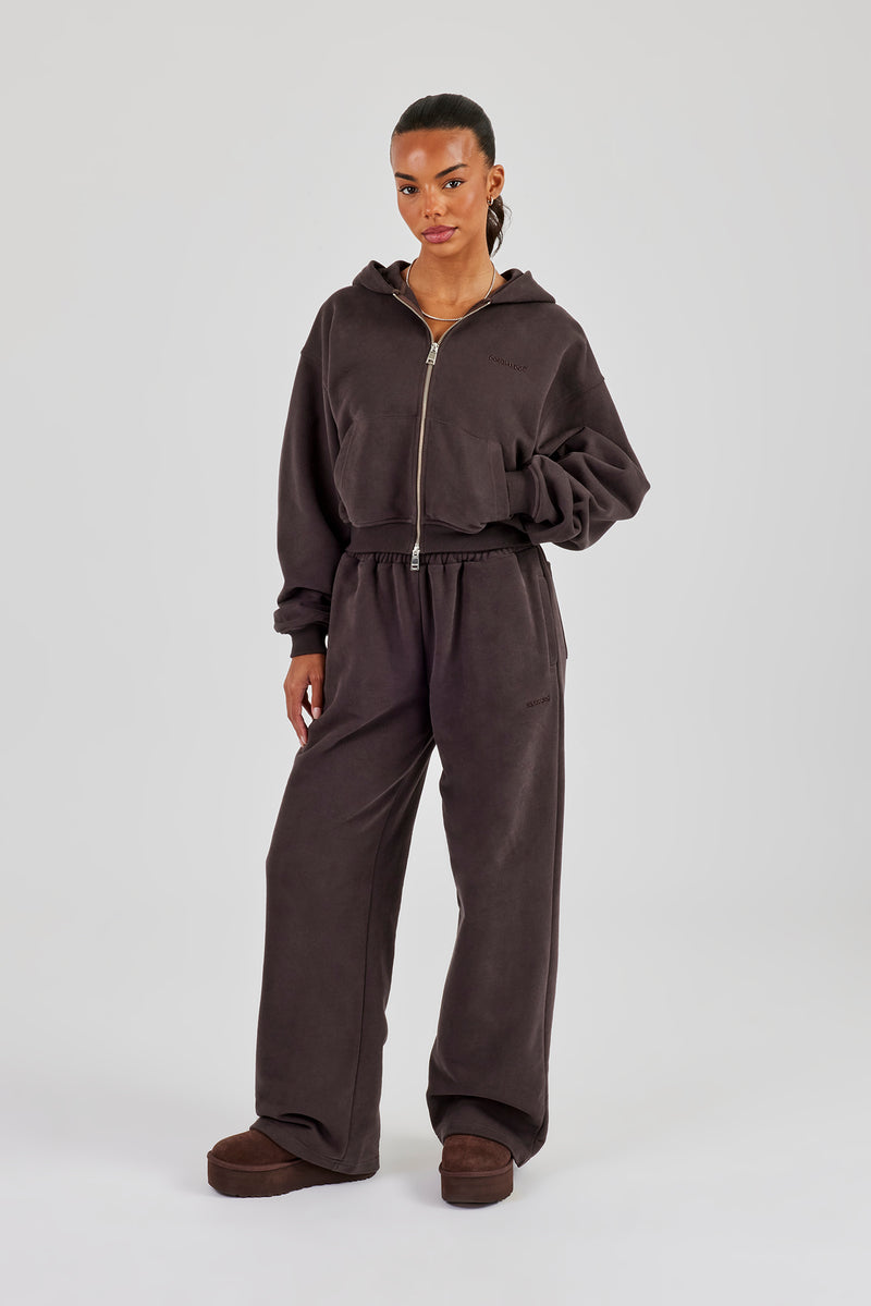 Cernucci Cropped Zip Through Hoodie & Wide Leg Jogger - Coffee