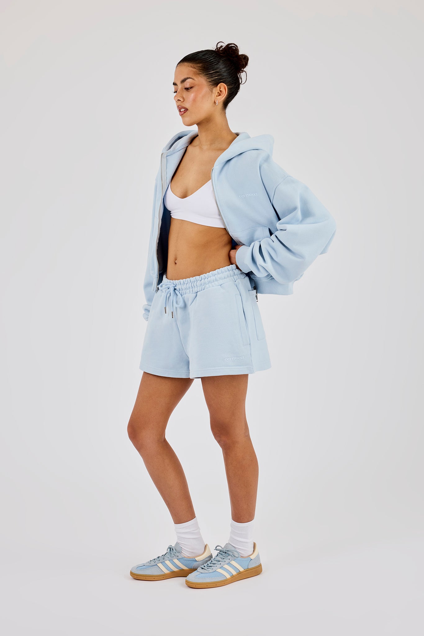 Cernucci Cropped Zip Through Hoodie & Embroidered Short – Powder Blue