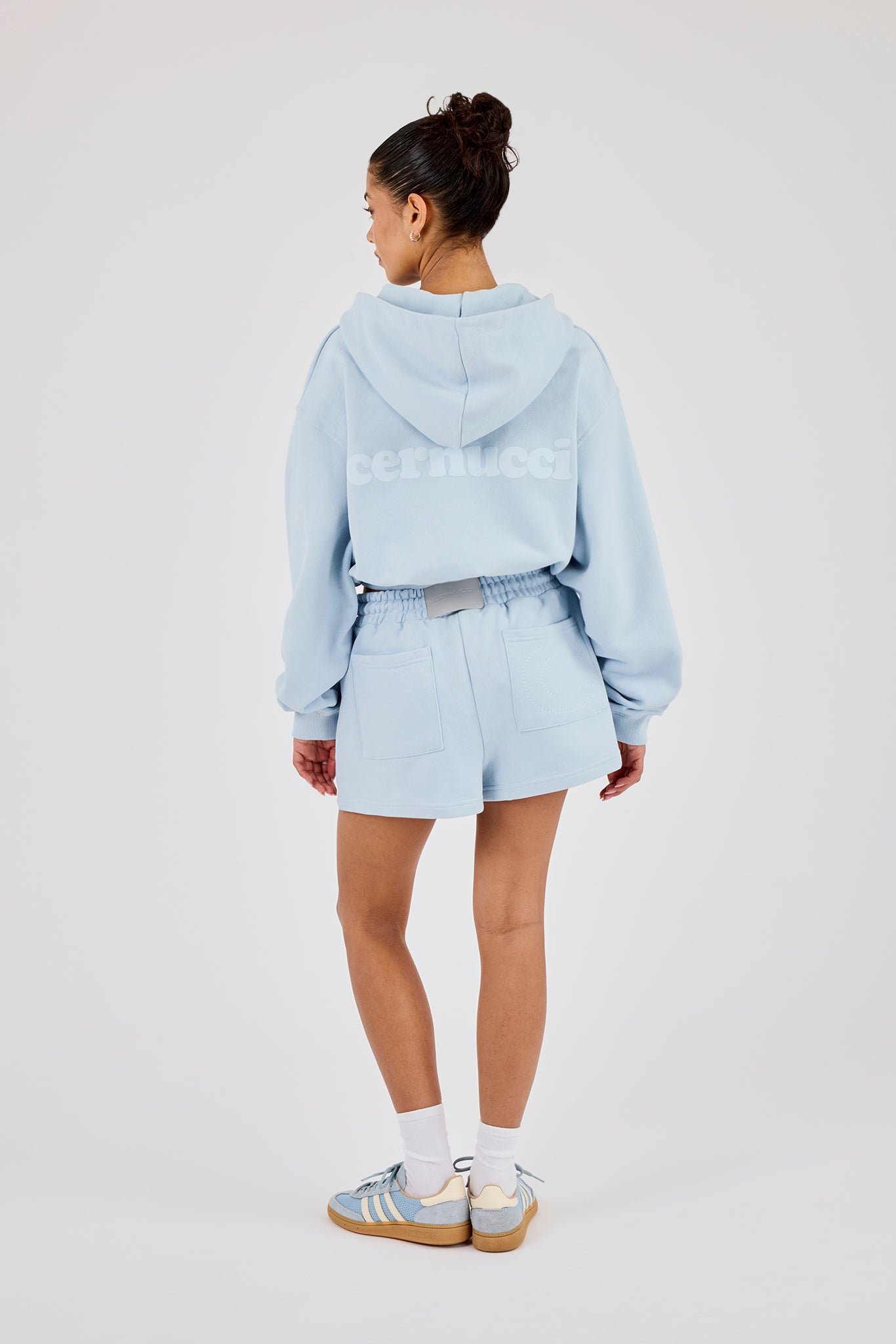 Cernucci Cropped Zip Through Hoodie & Embroidered Short - Powder Blue