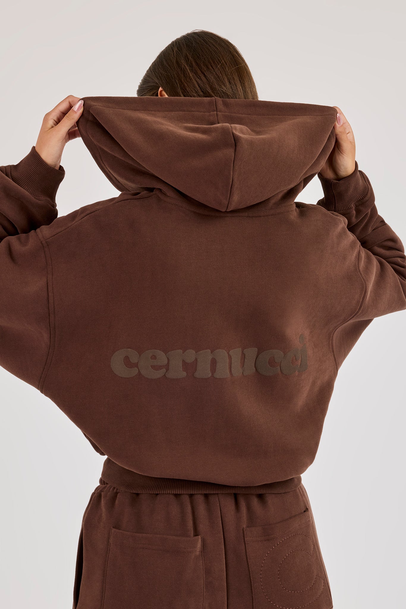 Cernucci Cropped Zip Through Hoodie & Wide Leg Jogger - Midnight Mocha