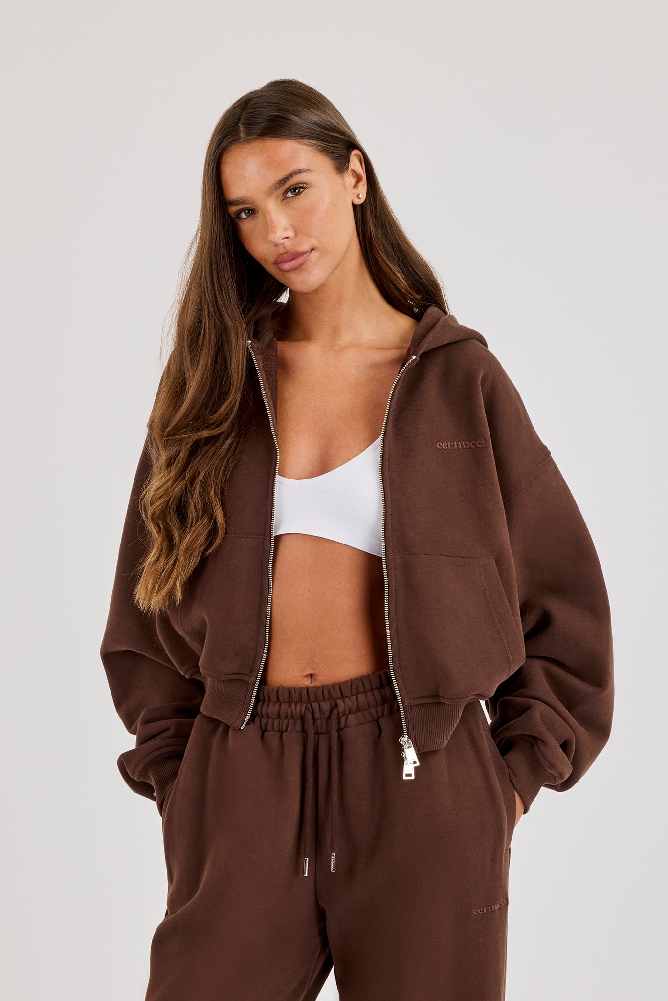 Cernucci Cropped Zip Through Hoodie - Midnight Mocha