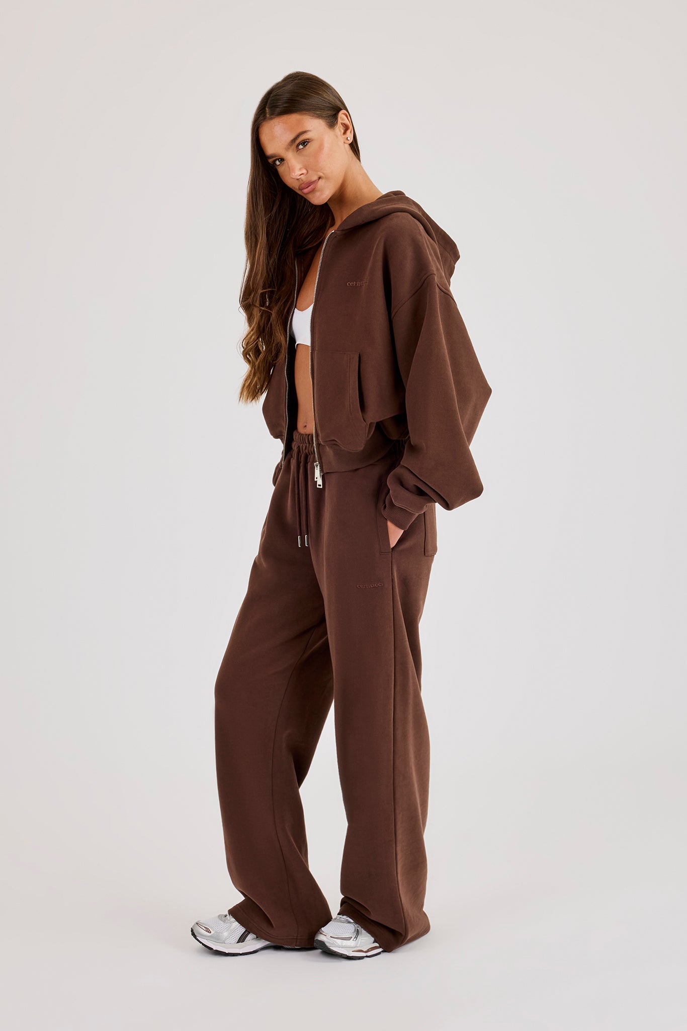Cernucci Cropped Zip Through Hoodie & Wide Leg Jogger - Midnight Mocha