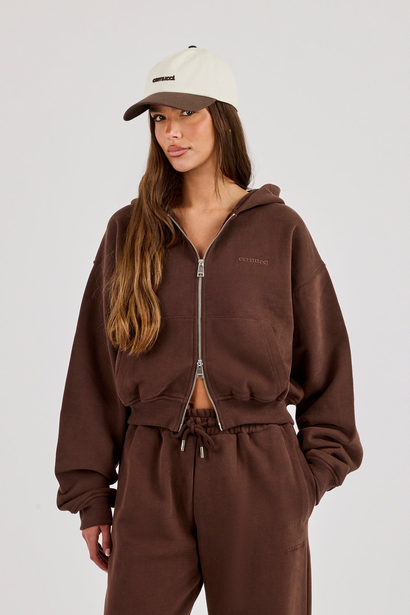Cernucci Cropped Zip Through Hoodie - Midnight Mocha