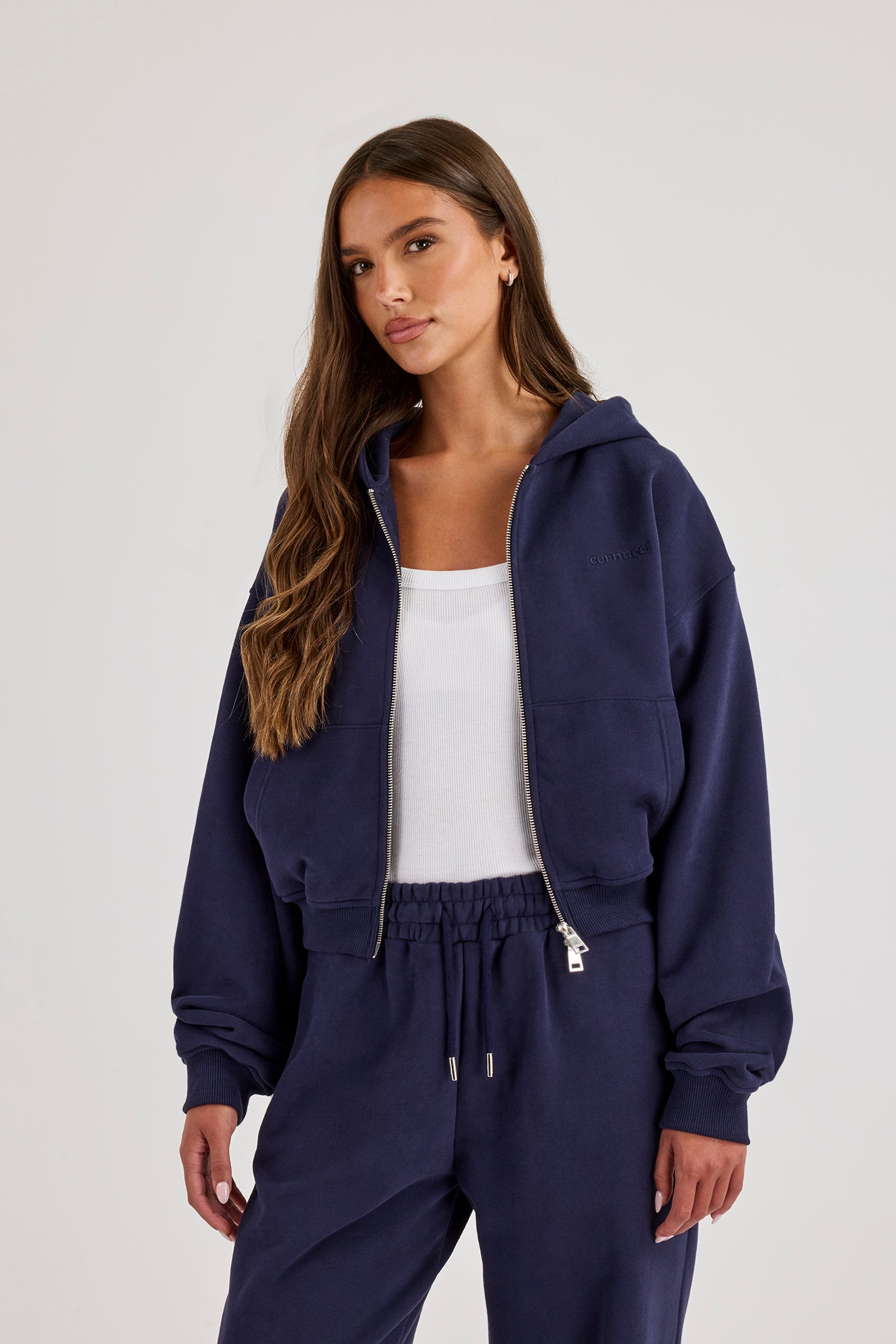 Cernucci Cropped Zip Through Hoodie - Navy