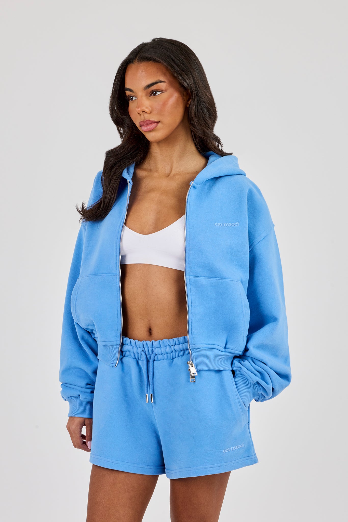 Cernucci Cropped Zip Through Hoodie & Embroidered Short - Riviera Blue