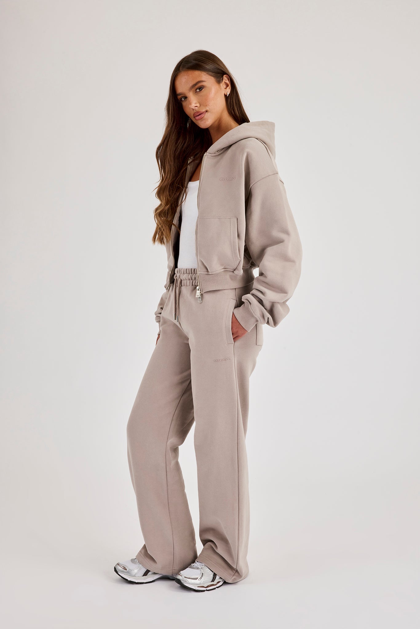 Cernucci Cropped Zip Through Hoodie & Wide Leg Jogger - Stone