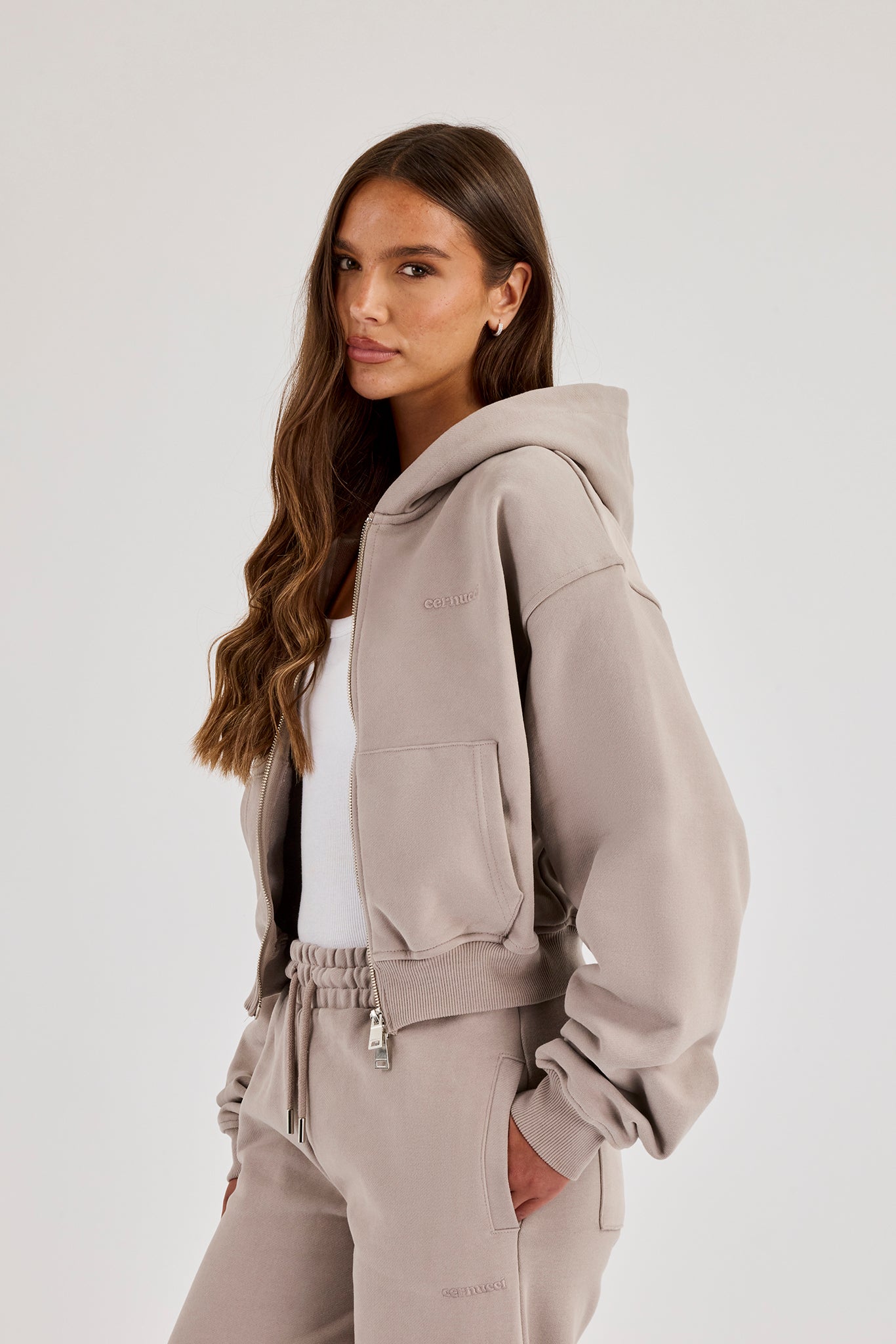 Cernucci Cropped Zip-Through Hoodie – Stone
