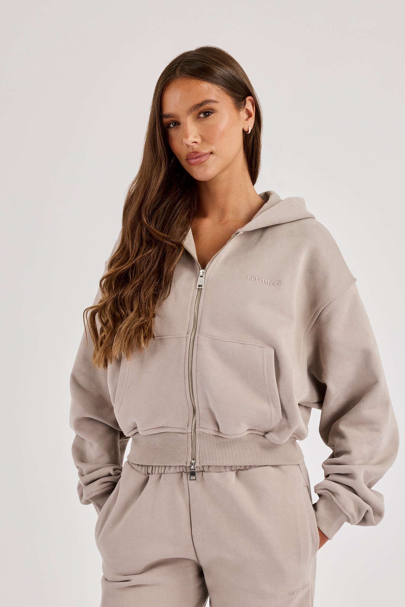 Cernucci Cropped Zip Through Hoodie - Stone