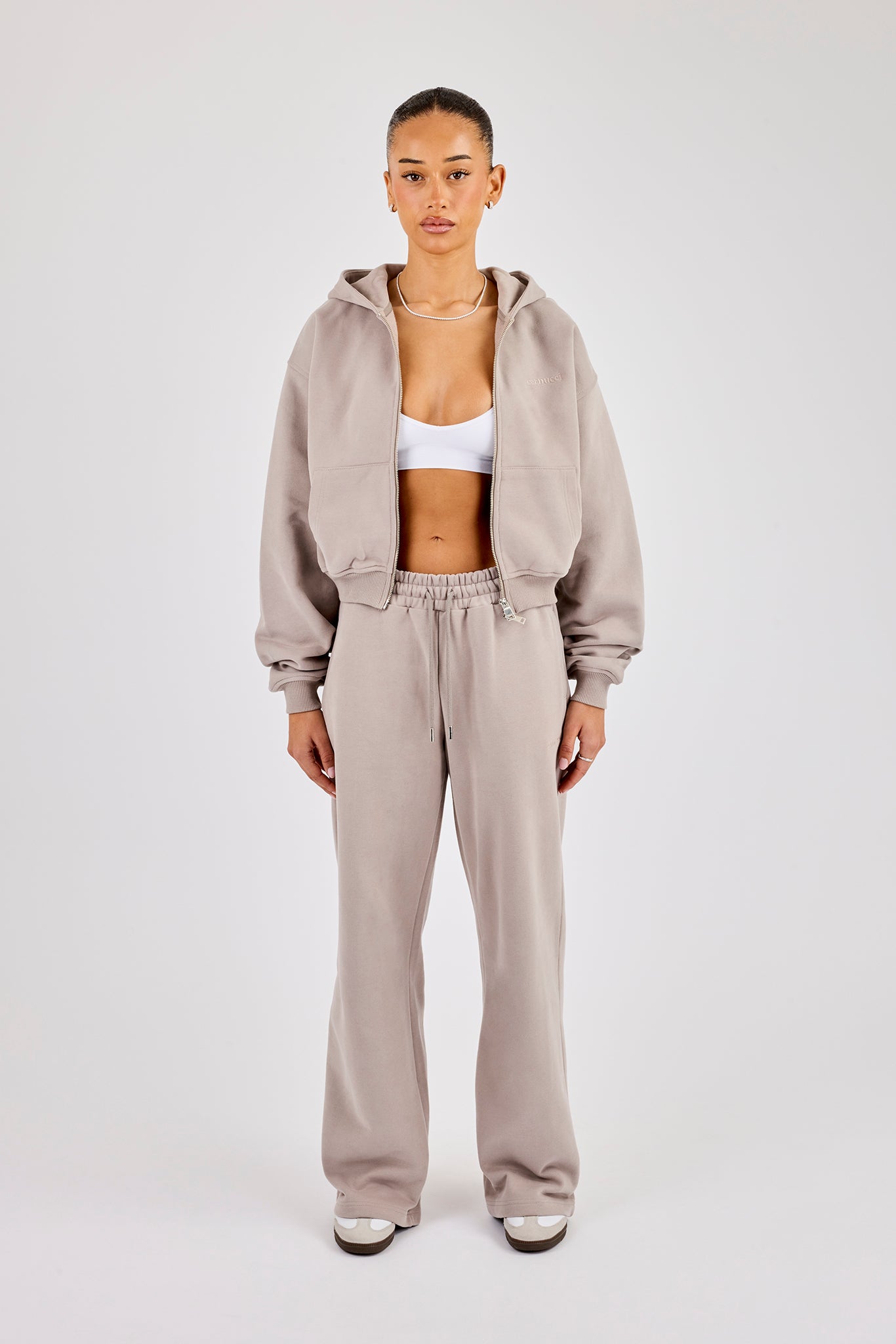 Cernucci Cropped Zip Through Hoodie &amp; Wide Leg Jogger – Stone