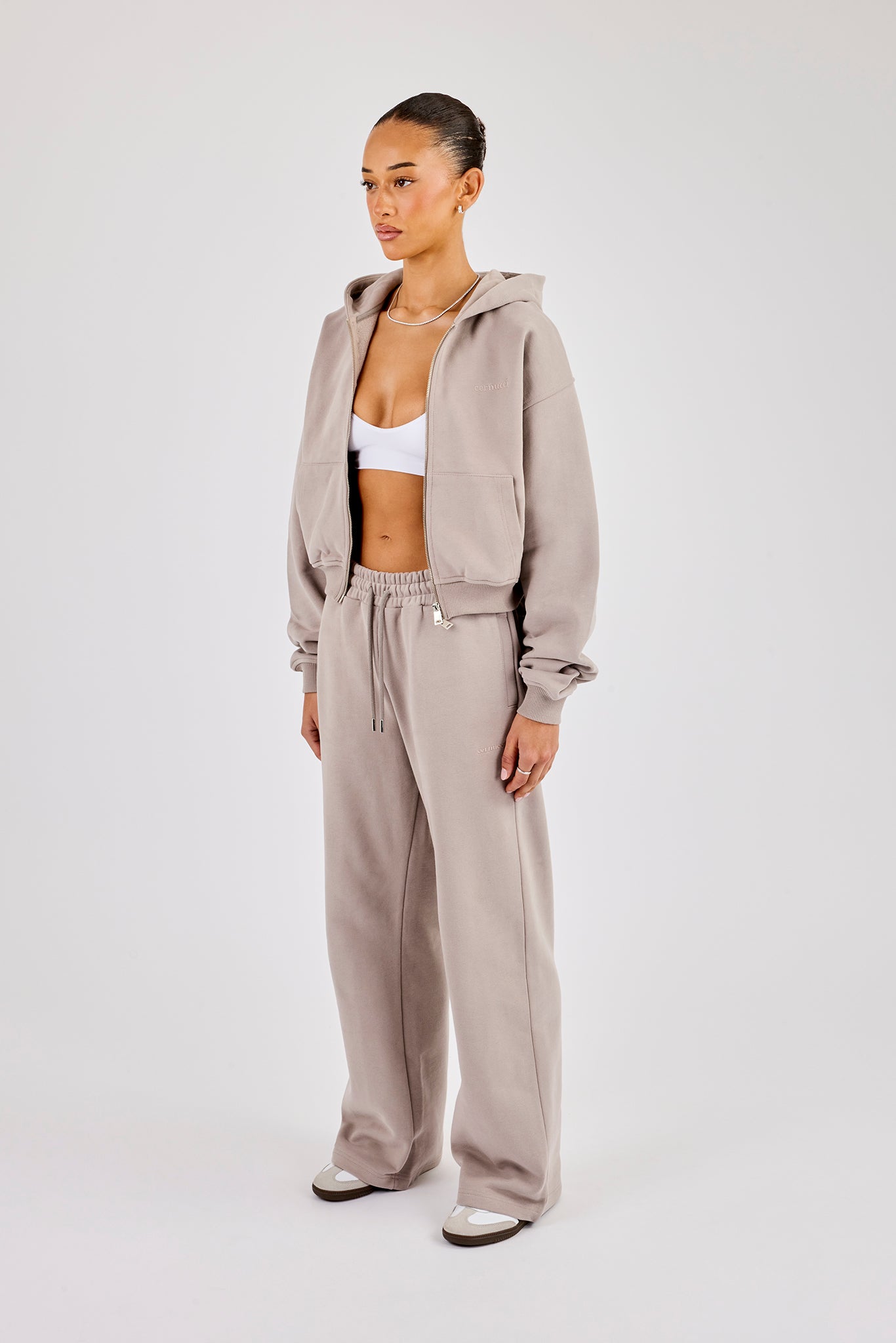 Cernucci Cropped Zip Through Hoodie & Wide Leg Jogger – Stone