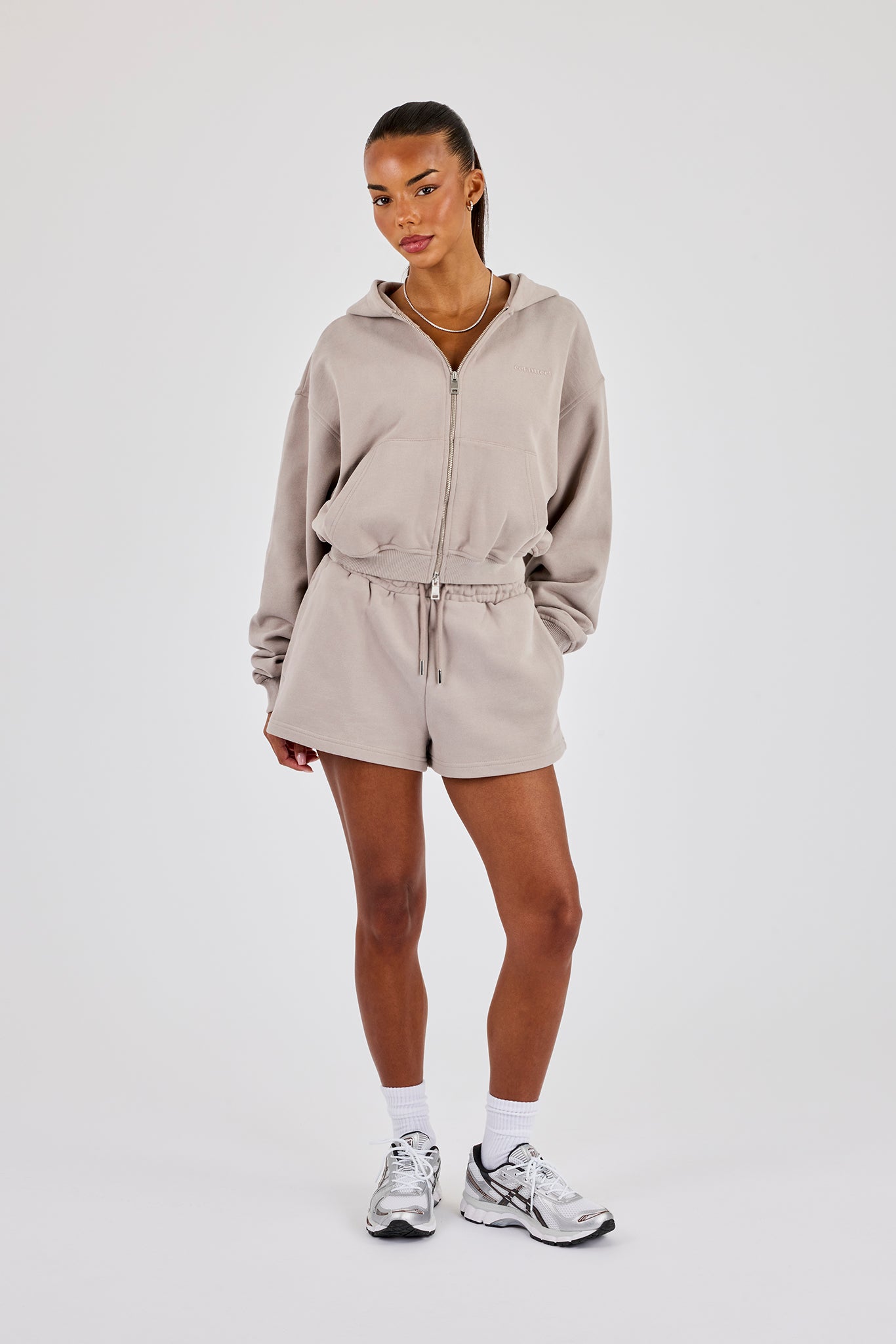 Cernucci Cropped Zip Through Hoodie & Embroidered Short - Stone