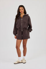 Cernucci Zip Through Cropped Hoodie & Embroidered Short - Coffee