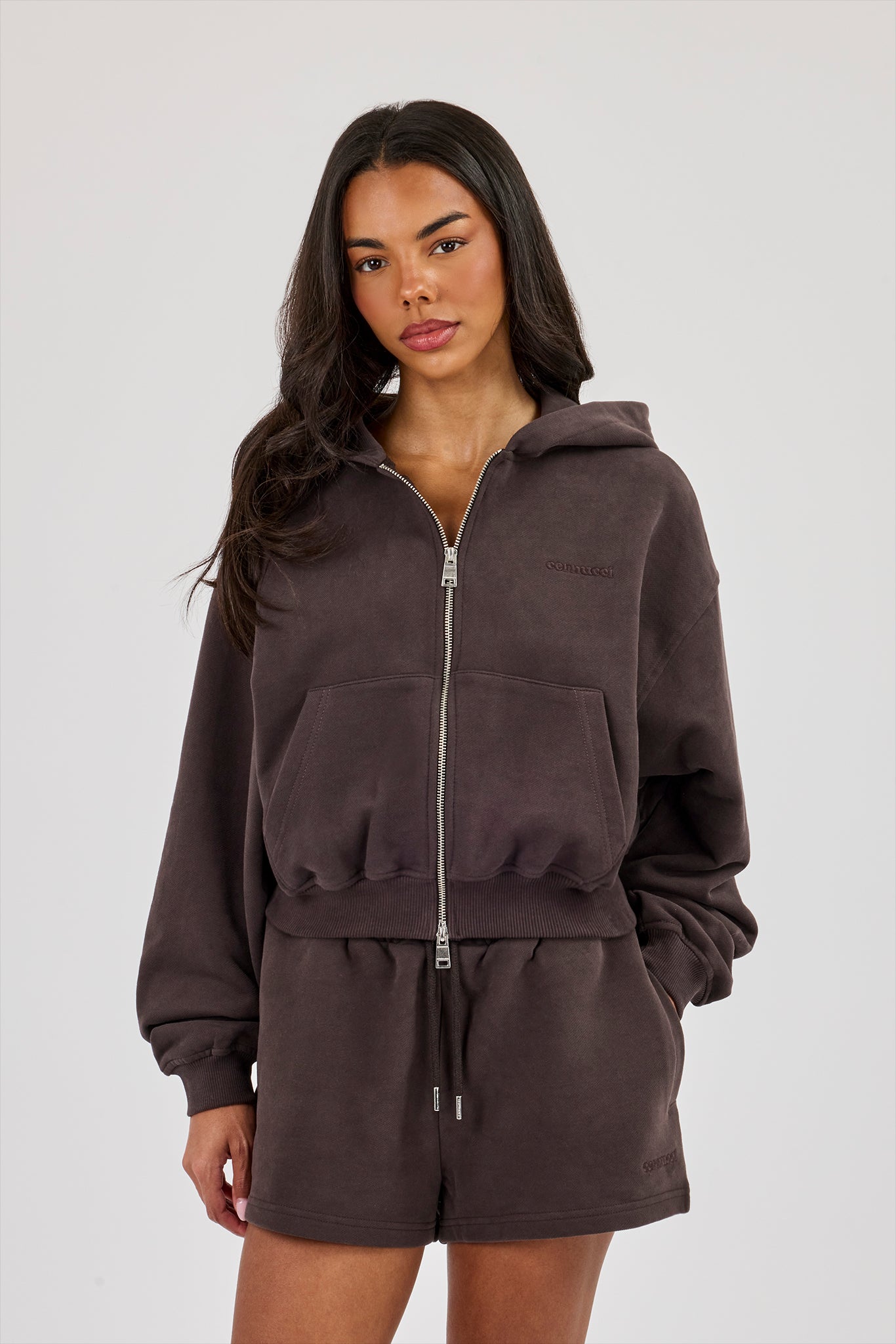 Cernucci Zip Through Cropped Hoodie - Coffee | Womens Hoodies