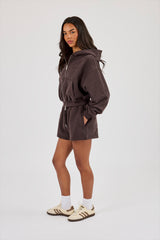 Cernucci Zip Through Cropped Hoodie & Embroidered Short - Coffee