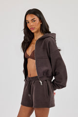 Cernucci Zip Through Cropped Hoodie - Coffee