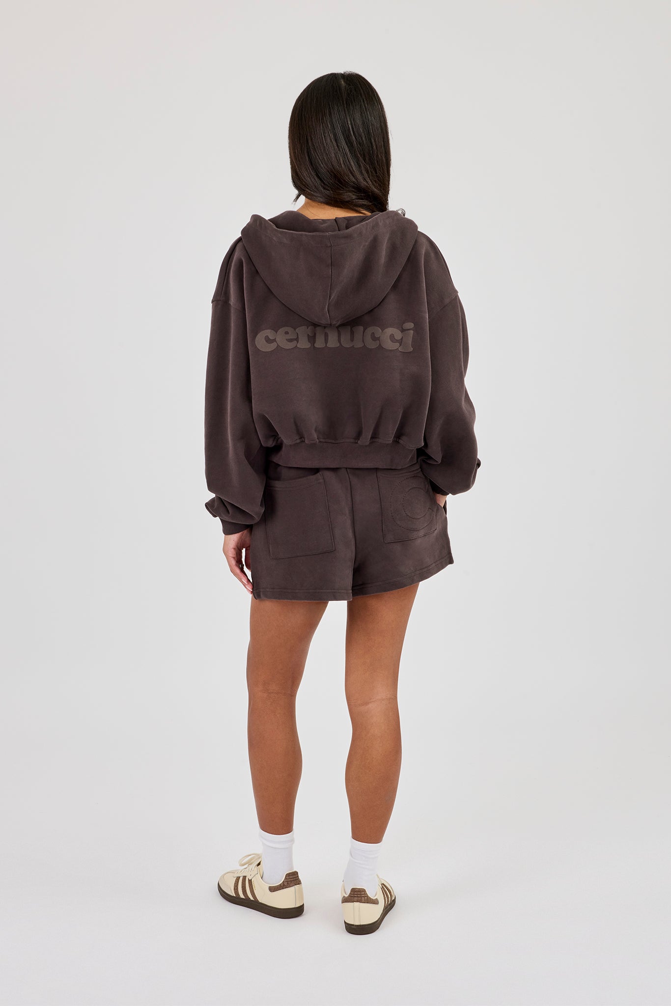 Cernucci Zip Through Cropped Hoodie & Embroidered Short - Coffee